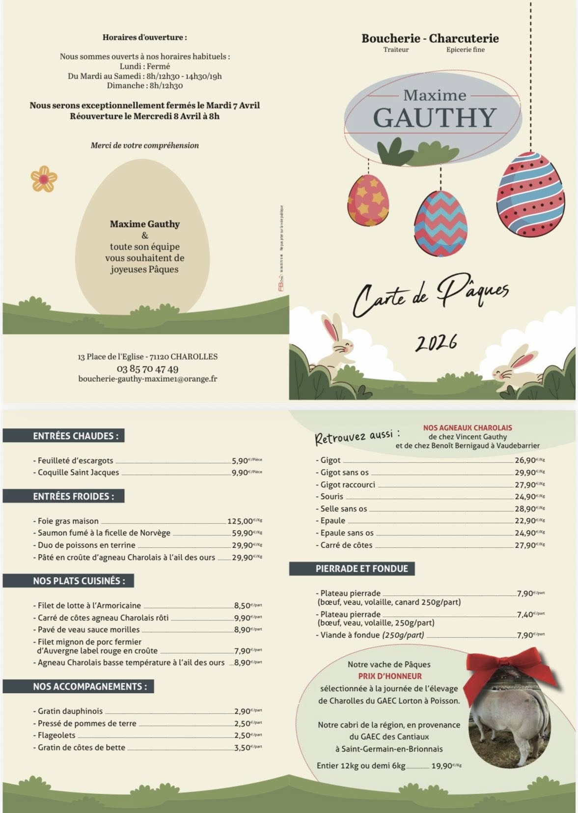 carte paques boucherie Gauthy Charolles